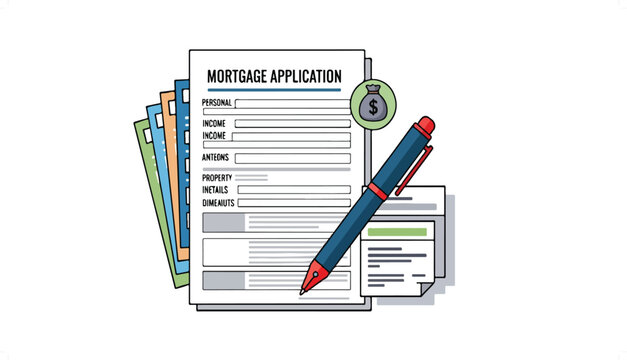 A detailed illustration of a mortgage application form, pen, and money bag, representing financial processes and paperwork.
