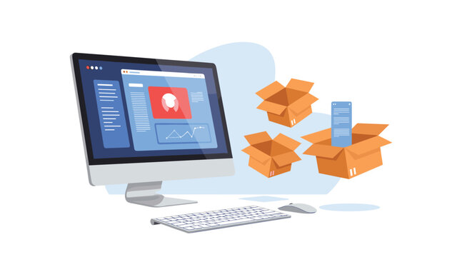 E-commerce logistics concept with computer monitor showing data dashboard and floating delivery boxes for online business solutions.