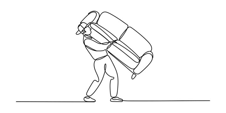 Man carrying a couch on his back, continuous line drawing
