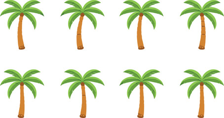 Fototapeta premium Tropical Palm Tree Collection with Cartoon Coconut Trees, Summer Island Nature Elements, Beach Landscape Icons, and Decorative Vector Illustrations