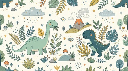 Obraz premium Cute dinosaurs enjoy a vibrant prehistoric world with a smoking volcano and many green plants