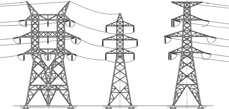 High Voltage Power Transmission Towers with Overhead Electrical Lines and Utility Grid Infrastructure Illustration