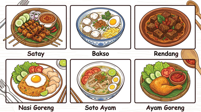 Indonesian traditional food menu set illustration with satay bakso rendang nasi goreng soto and ayam goreng