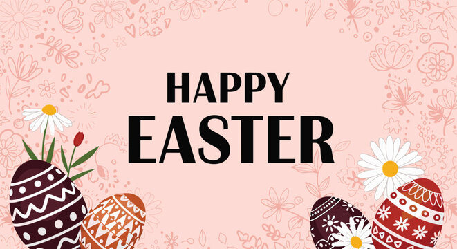 Colorful happy easter greeting featuring patterned chocolate eggs and white daisies against a soft pink floral background.