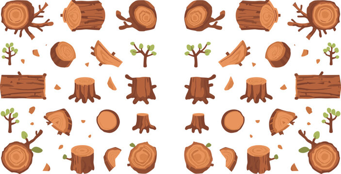 Wood Log and Tree Stump Collection with Cut Timber Pieces, Forest Elements, Lumber Industry Objects, and Rustic Vector Illustrations
