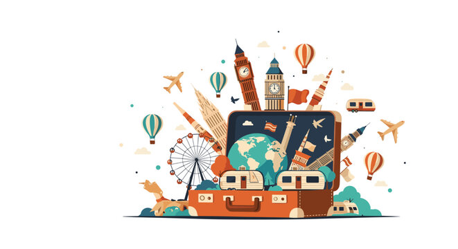 Creative travel concept featuring an open suitcase overflowing with world famous landmarks airplanes and camping vans.