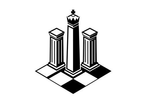 Minimalist chess king flanked by pillars on checkered floor