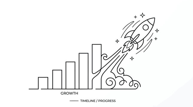 Business growth concept, rocket launch, timeline progress, growth chart, vector illustration