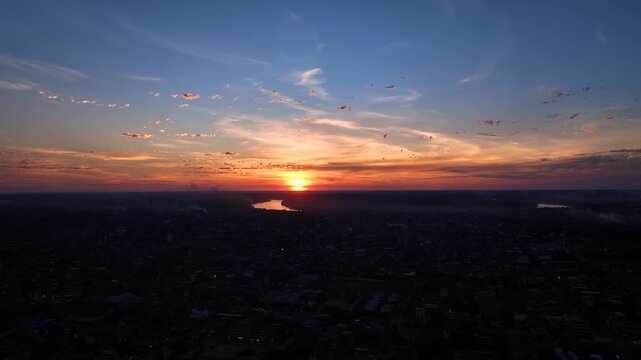 Aerial sunset over the Amazon rainforest in Puerto Maldonado, Peru