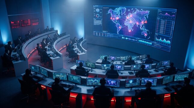 Government cyber command center with analysts and world map