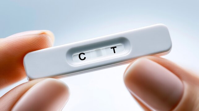 Hand holds pregnancy test showing two lines. Positive result visible. Fingers steady, focused on result. Image ideal for health, family, or medical concepts. Suitable for articles, ads, or websites