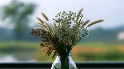 Obraz premium An elegant glass vase holds dried botanical stems set against a soft natural outdoor background