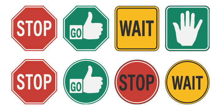 Stop wait and go traffic sign icons, red yellow green signal symbols, traffic control safety signage vector illustration set.