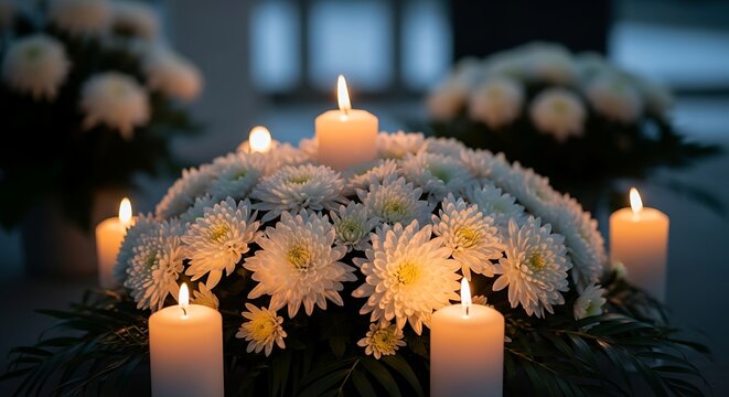 White flowers and lit candles on a table for a memorial or funeral service