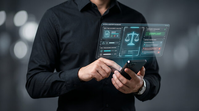 Professional using an AI Legal Assistant dashboard with holographic document analysis on a smartphone.
