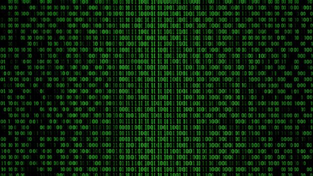 A vibrant, high-contrast screen of electric green binary code pulsating against a deep black void. This dense digital tapestry represents the raw power of classical computing