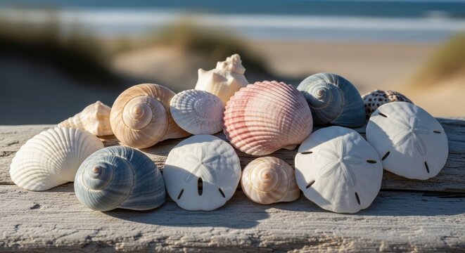 Assortment of natural seashells artfully displayed on a wooden surface with a blurred ocean background