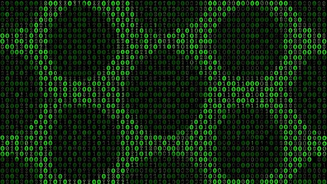 A vibrant, high-contrast screen of electric green binary code pulsating against a deep black void. This dense digital tapestry represents the raw power of classical computing