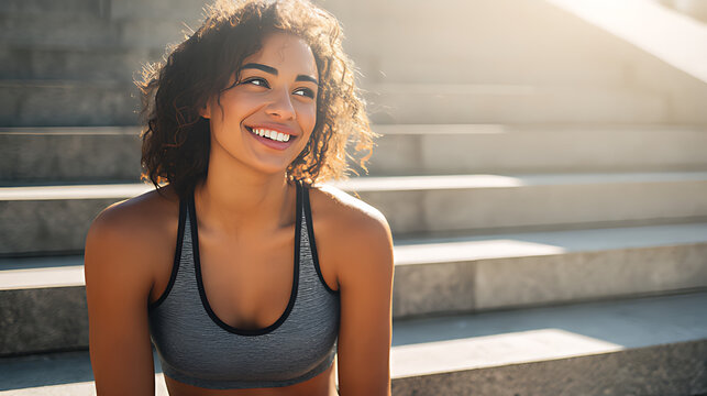 Smiling young woman in sports bra enjoying sunshine on outdoor steps after workout, healthy lifestyle and fitness concept