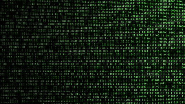 A vibrant, high-contrast screen of electric green binary code pulsating against a deep black void. This dense digital tapestry represents the raw power of classical computing