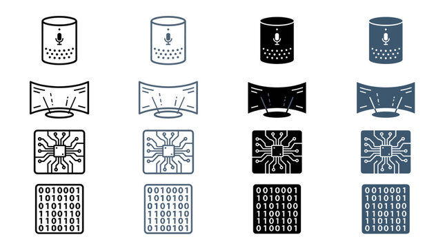 A collection of technology icons including smart speakers curved displays microchips and binary code