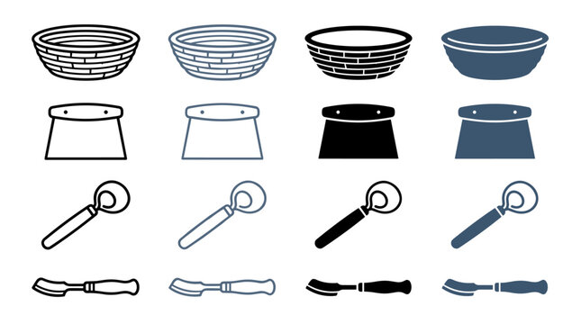 Collection of kitchen and garden tools including baskets hoes and seeders in various styles