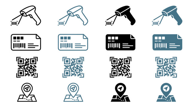 Set of four distinct icon designs for barcode scanners cards QR codes and location maps