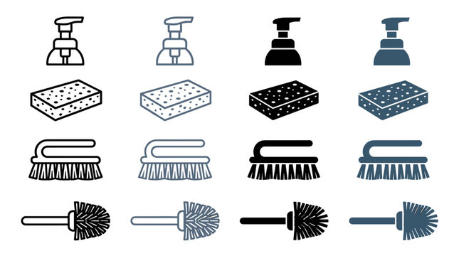 Essential cleaning supplies: soap dispenser sponge scrub brush and toilet brush icons set in varied styles