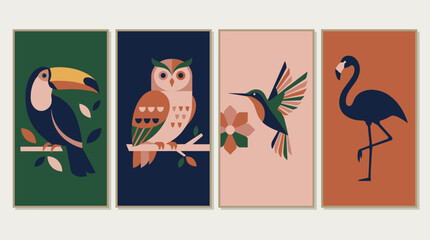 Naklejka premium Abstract Geometric Bird Art Collection: Toucan Owl Hummingbird Flamingo in Modern Style