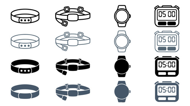 Collection of outline and solid style icons for waist trainer wristwatch and digital timer