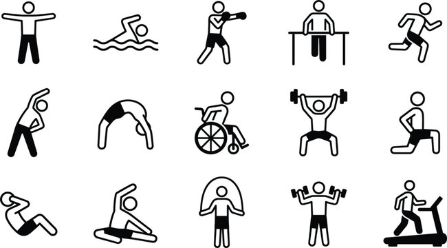Fitness and Workout Stick Figure Line Icon Set with Gym Training, Running, Weightlifting, Boxing, and Adaptive Sports Symbols for Healthy Lifestyle Designs