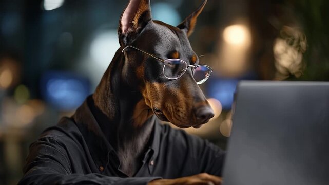 Doberman pinscher wears glasses, focused on laptop