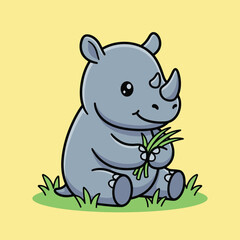 Obraz premium Cute rhino holding grass vector icon illustration animal nature icon isolated flat vector