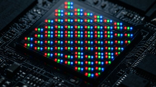 Close-up of RGB LED pixel matrix on a circuit board