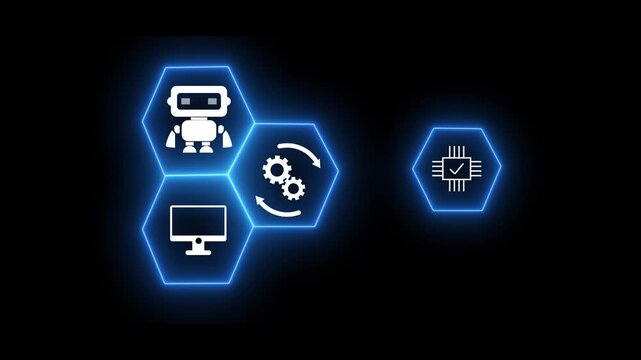 Neon AI Agent Generative Automation Animation with RPA Workflow, Big Data Technology and Glowing Gear Icon on Black Background .4K Motion Graphics