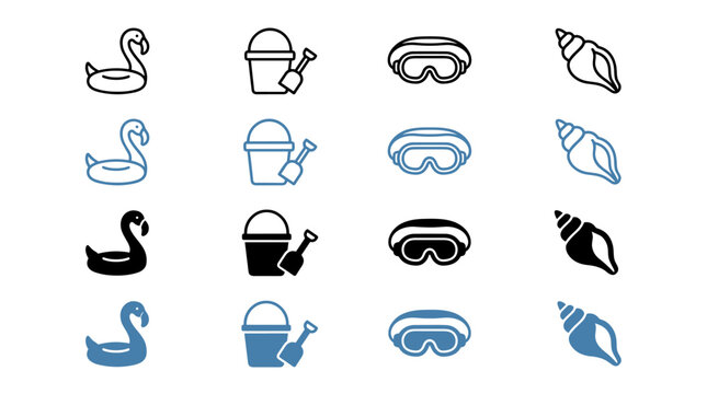Summer vacation beach and pool accessory icons: flamingo float bucket shovel goggles seashell set