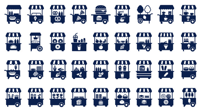 Diverse Collection of Food Stands and Snack Carts Icons for Culinary Street Vendor Concepts
