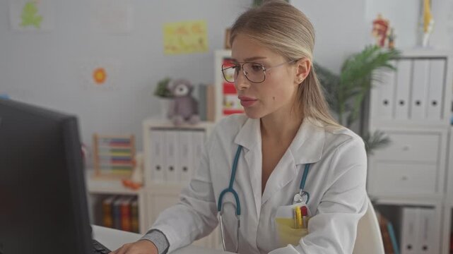 Woman doctor with hand on neck for neckache while typing at computer in pediatric clinic, wearing stethoscope and eyeglasses near children's drawings and files; discomfort strain.