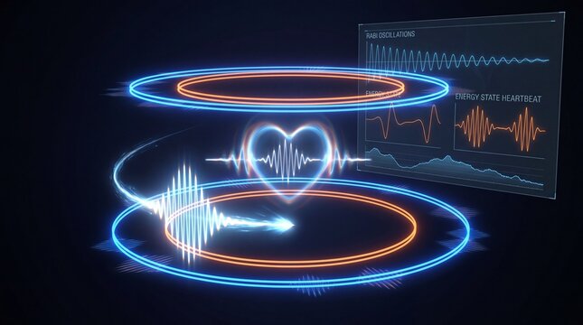 Futuristic holographic heart monitor displays vital signs with glowing energy waves