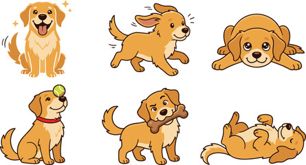 Fototapeta premium Cute Golden Retriever Puppy Character Sticker Set with Cartoon Dog Running Playing Ball Chewing Bone and Rolling on Its Back