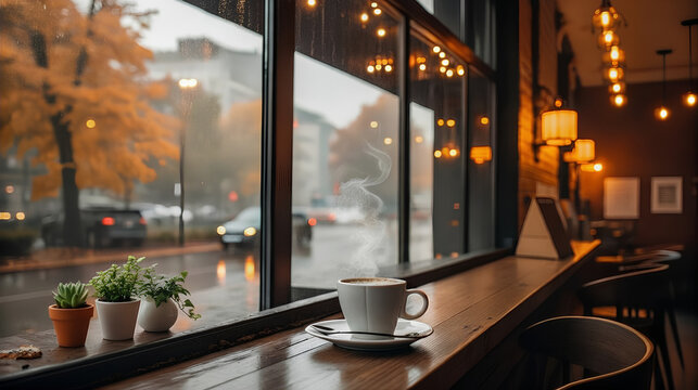 Hot coffee cup by cafe window during rainy day with warm lighting and city street view, cozy coffeehouse atmosphere, relaxation concept and autumn lifestyle