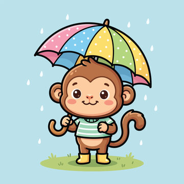 cute monkey in the rain and carrying an umbrella vector icon illustration animal nature icon isolated flat vector