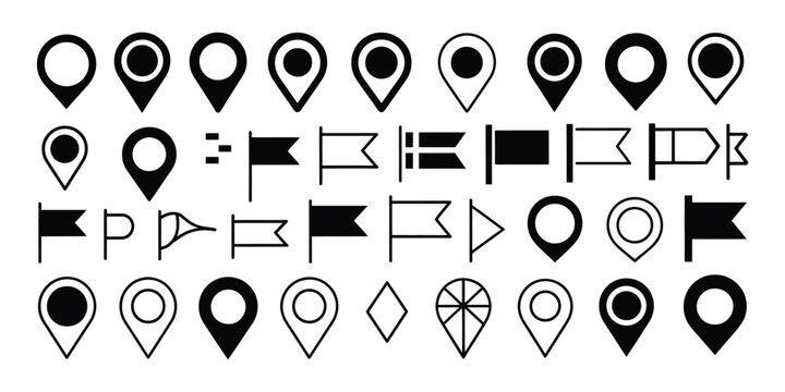 Location icons set, map marker pin pointers, flat vector illustration, transparent background navigation and GPS design.