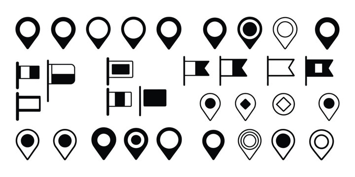 Location icons set, map marker pin pointers, flat vector illustration, transparent background navigation and GPS design.