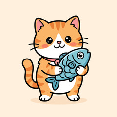 Fototapeta premium Cute cat holding fish cartoon vector icon illustration animal nature icon isolated flat vector