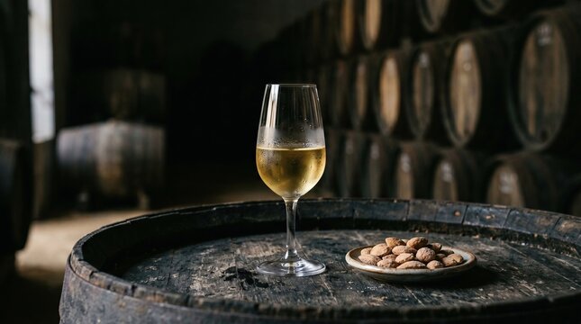 Fino Sherry in Copita Glass on Weathered Cask with Salted Almonds