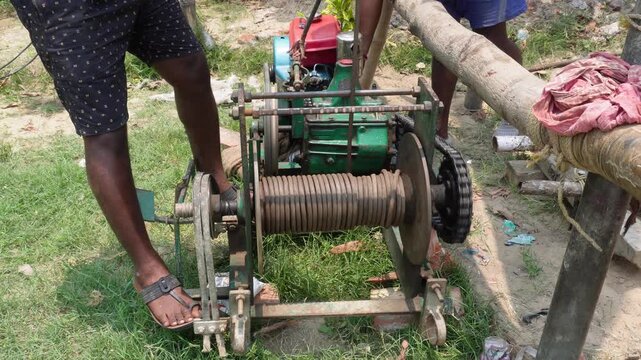 Engine Powered Winch with Rope Drum in Outdoor Setup