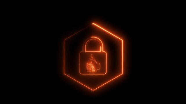 Glowing neon cyan cyber security padlock symbol with shield inside hexagon on black.