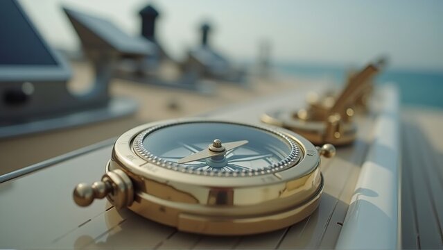 A close-up of a vintage brass compass resting on a yacht deck. The background features a calm sea and a clear sky, emphasizing nautical themes.