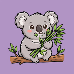 Fototapeta premium Cute koala eating bamboo leaves vector icon illustration animal nature icon isolated flat vector